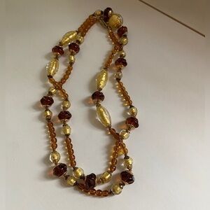 Glass Beaded Necklace Various Amber and Gold Colored Glass Beads